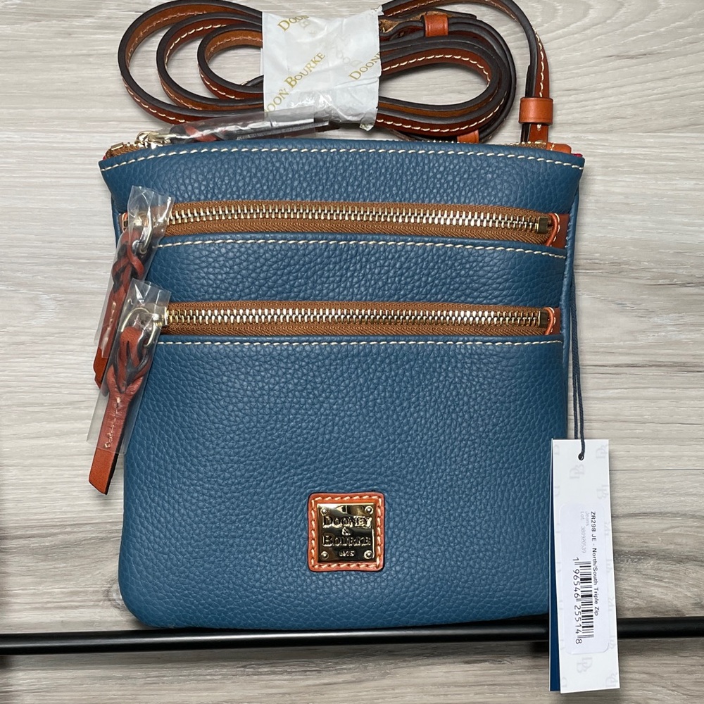 NWT- Dooney & Bourke Pebble Leather Triple Zip Crossbody, Jeans
